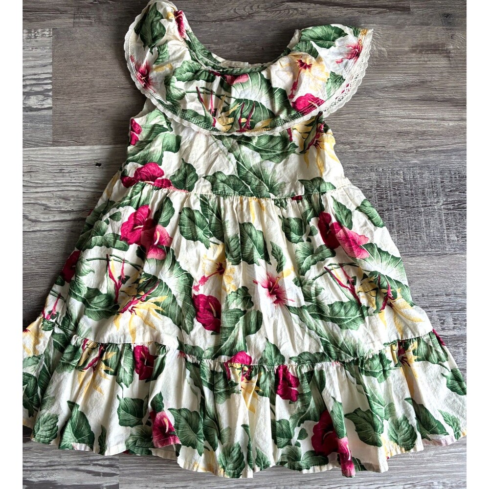 Janie and Jack Ruffle Dress Girls 3 Multicolor Hibiscus Floral Lace Trim Summer